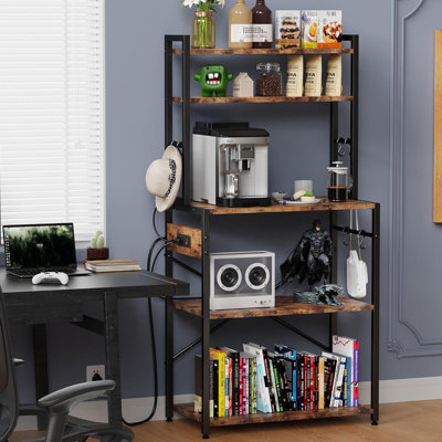 Standing Kitchen Baker’s Rack, Bakers Rack with Power Outlet, 6-Tier Microwave Stand, Coffee Bar with 12 S-Shaped Hooks, Kitchen Shelf with Storage, Coffee Bar Station, for Rustic Brown