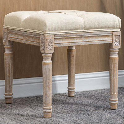 16 Inch Vintage Tufted Ottoman With Upholstered Seat And Rustic Wood Legs For Bedroom And Living Room
