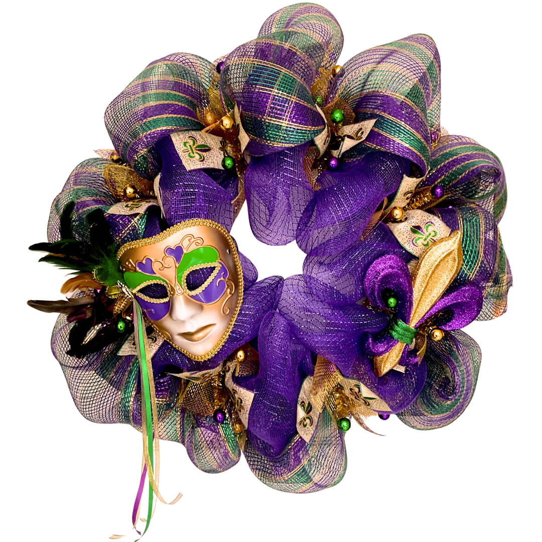 Mardi Gras Mask Wreath With Fleur De Lis 28 Inches The Holiday Aisle®