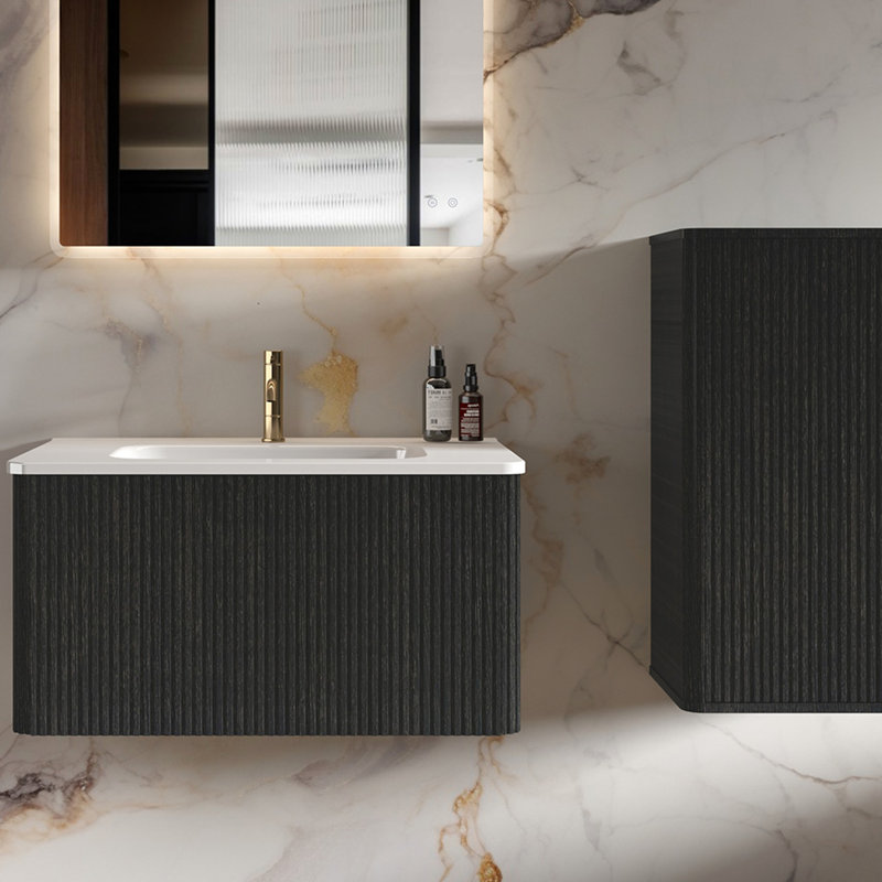 Bathroom Cabinet In Black Brown - With Fashionable Striped Textures And Durability Storage Oak, Stripes Practicality, Black