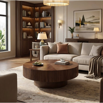 Round 31.4” Coffee Table with Fluted Edge & Marquetry Top,Solid Wood, Cylindrical Design
