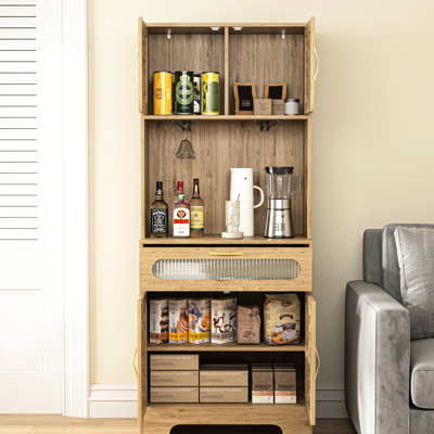 Armoire de cuisine autoportante de 67 po de hauteur avec poignées dorées et placard de salle à manger à finition bois - 6 verres