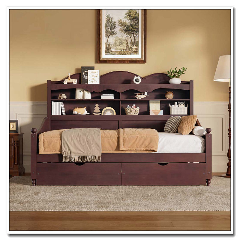 Twin Daybed With Storage Drawers With Storage Headboard Shelving, Espresso