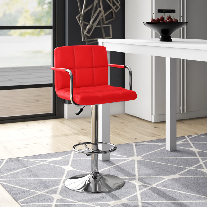 Red Adjustable Height Swivel Leather Bar Stool with Metal Base