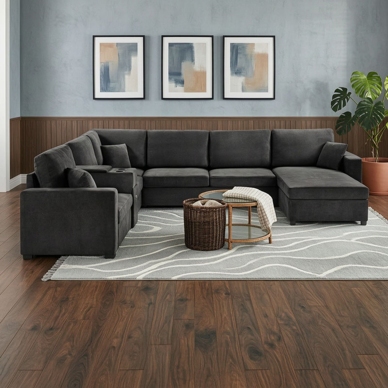 Canapé de coin avec tiroir, coussin et porte-gobelets, Noir