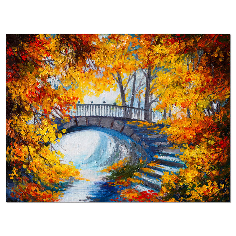 «Fall Forest with a Bridge Landscape», reproduction d'art sur toile tendue, H 8 po x l 12 po