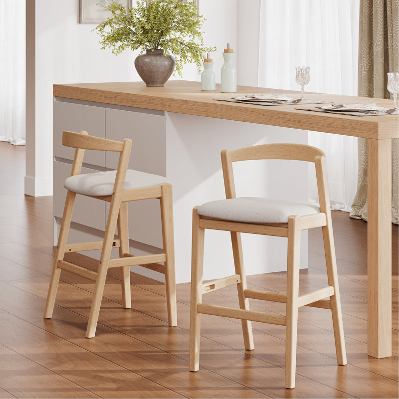Tabouret de bar d'intérieur en bois d'hévéa Balmans, finition naturelle et revêtement beige, ensemble de 2, Naturel