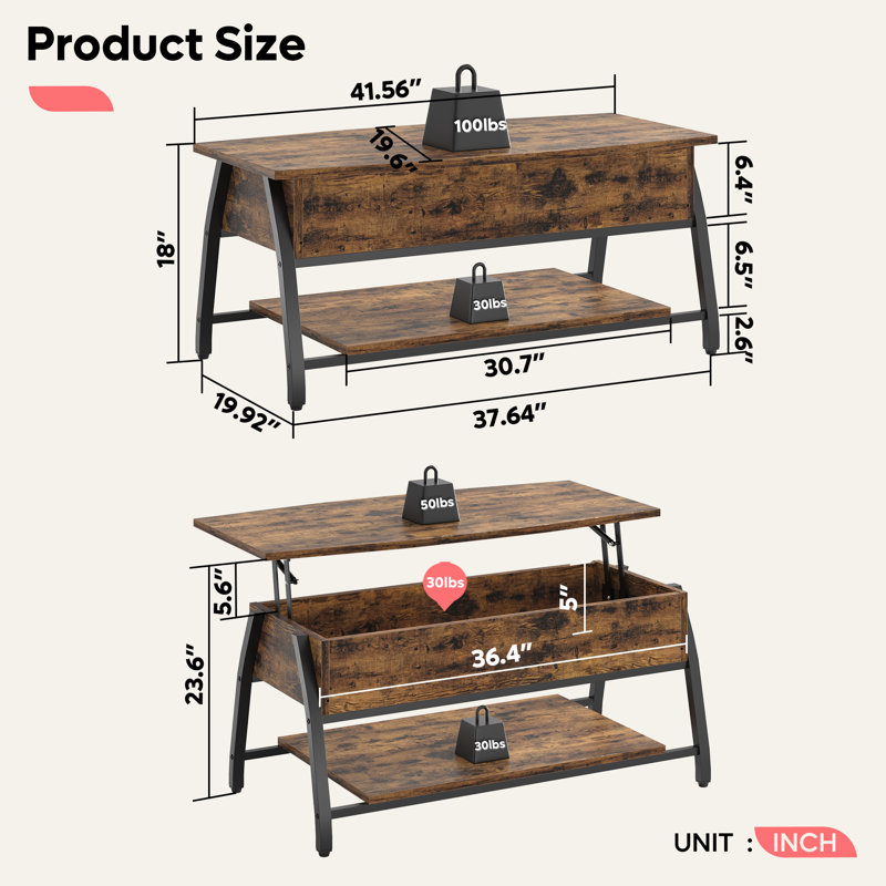 Table basse à plateau relevable en bois manufacturé avec base en acier Buser, Brun rustique