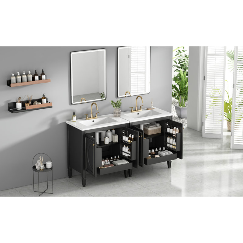 Meuble-lavabo de 60 po pour lavabo double, construction en bois massif, design rétro, lavabo en céramique avec trop-plein en métal, meuble-lavabo ajustable avec tiroir de rangement de 60 po, style rétro élégant et armoire
