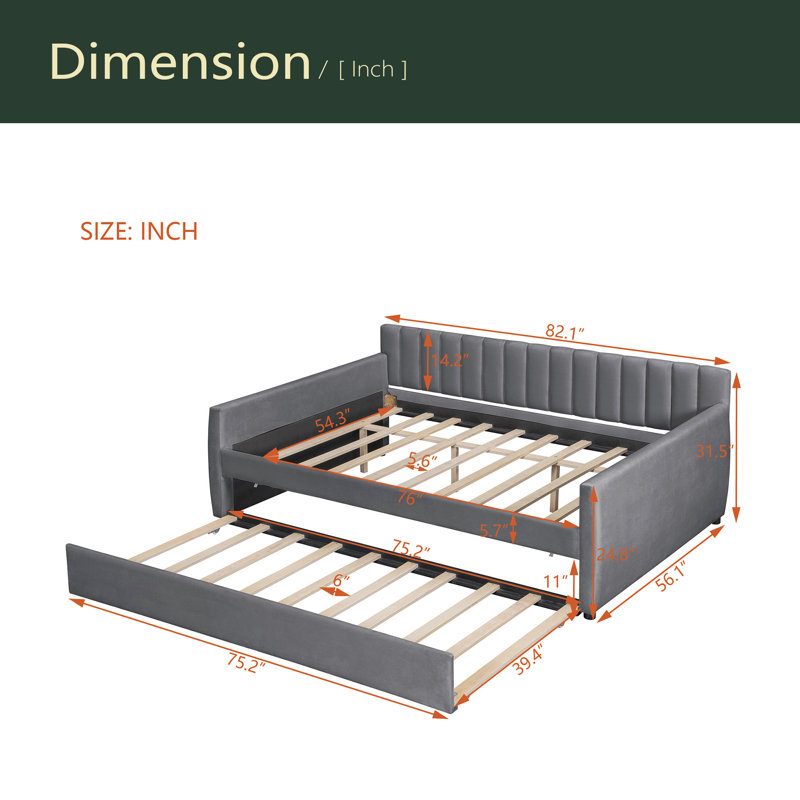Upholstered Daybed，Wood Slat Support, Gray