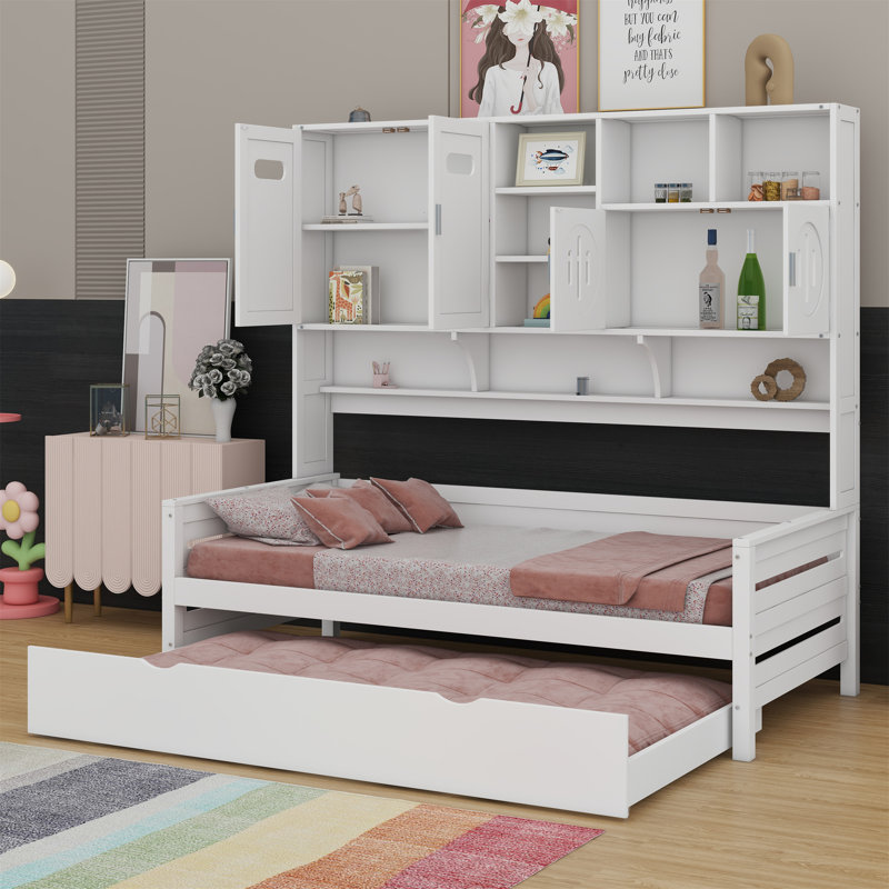 Lit de jour en bois avec lit gigogne, armoire et tablette tout-en-un, Blanc, Lit simple