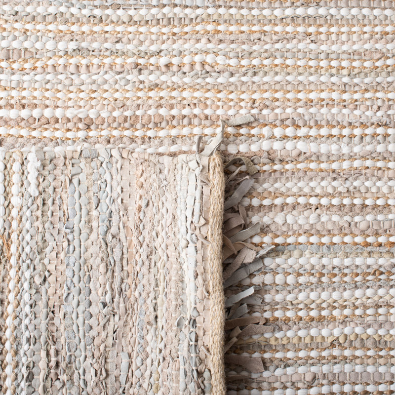 Bowen Hand Woven Leather Cotton/Jute Striped Rug in Beige, Rectangle 6' x 9'