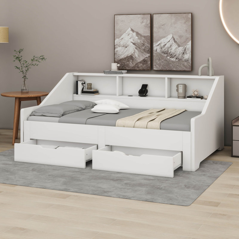 Carrol Twin to King Size Daybed Frame with Storage Bookcases, Two Drawers and Charging Design, White