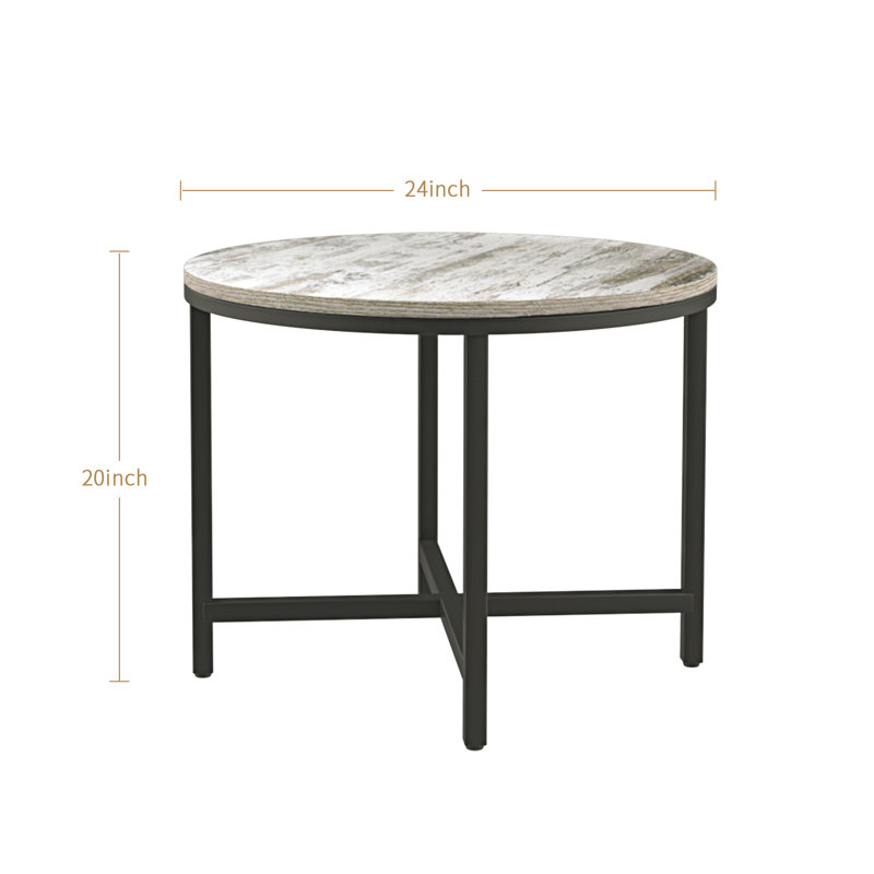 24-Inch Round Wood Coffee Table with Black Metal X-Base