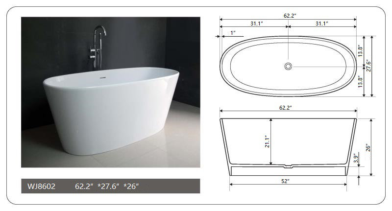 62.2'' x 27.6'' Soaking Solid Surface Bathtub
