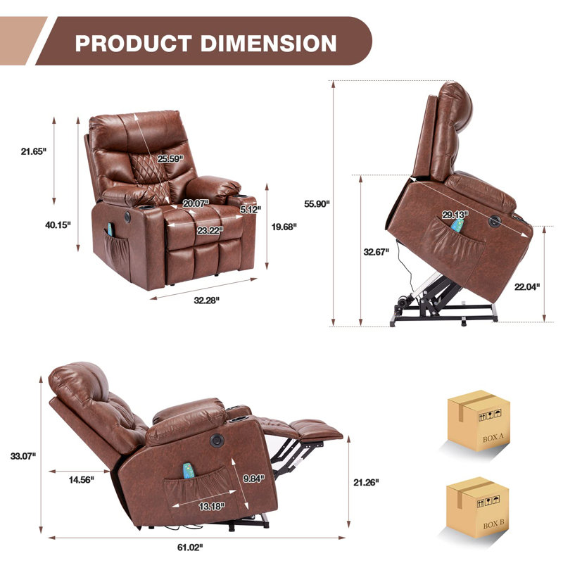 Fauteuil de massage inclinable électrique en similicuir, Similicuir brun