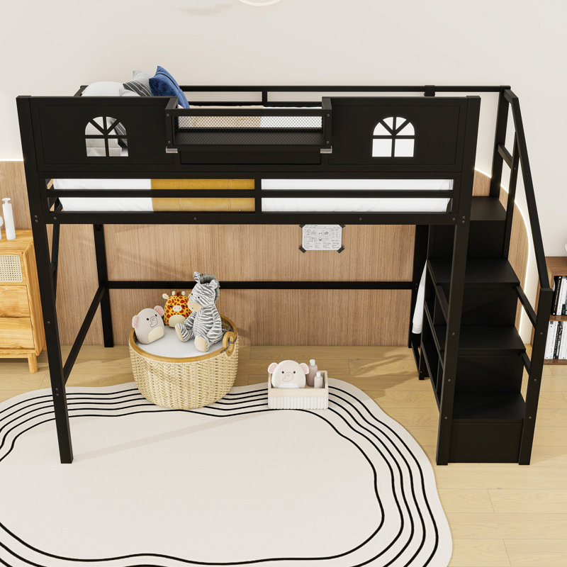 Metal Loft Bed with Staircase, High Guardrails, and LED Light, Full