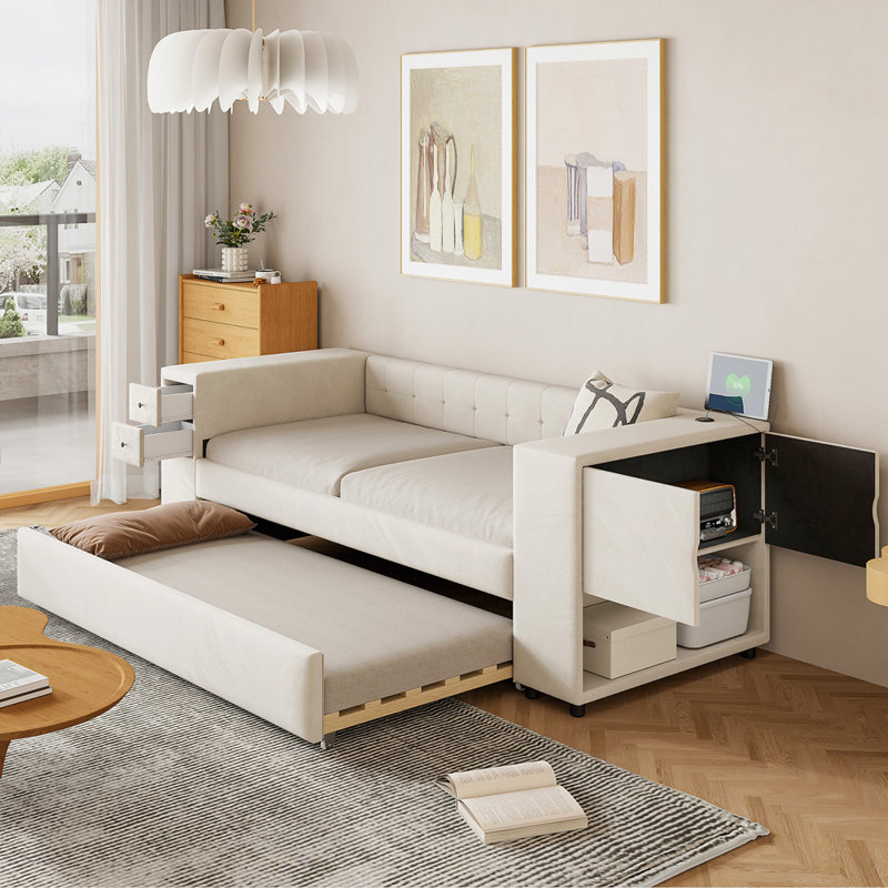 Lit rembourré avec rangement et lit gigogne simple, Beige