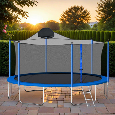 Trampoline 14FT avec panier de basketball, trampolines d'extérieur avec échelle et filet de sécurité pour enfants et adultes