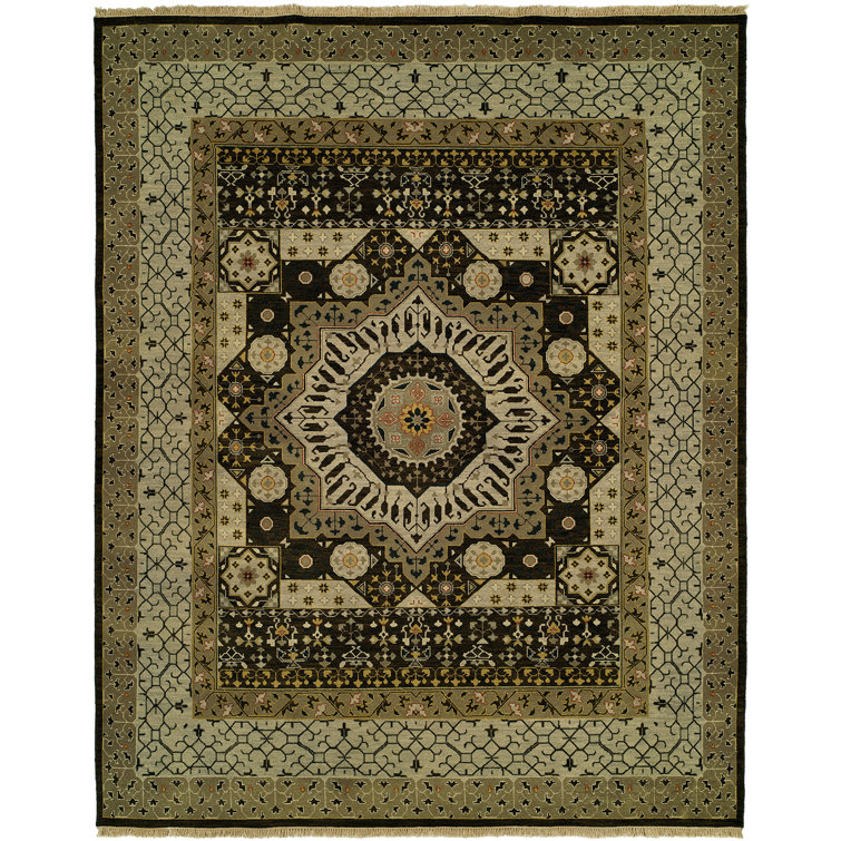 Martinton Wool Oriental Area Rug in Olive Green/Black/Ivory