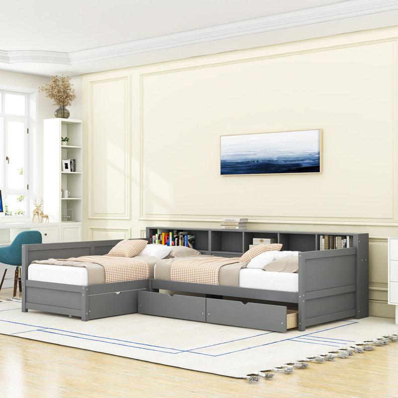 Lit de jour simple avec tiroirs de rangement et bibliothèque, Gris