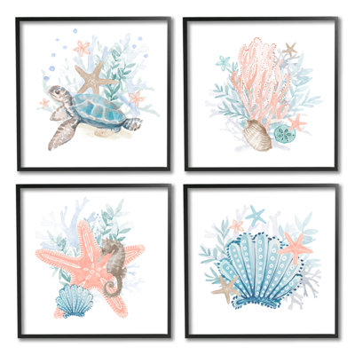 «Divers Sea Life Nautical Coral Reef», ensemble de 4 giclées encadrées par Lanie Loreth