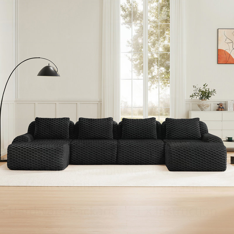 Canapé modulaire moderne en forme de U avec tissu en flanelle, repose-pieds mobile et connexion à boucle pour le salon, Noir