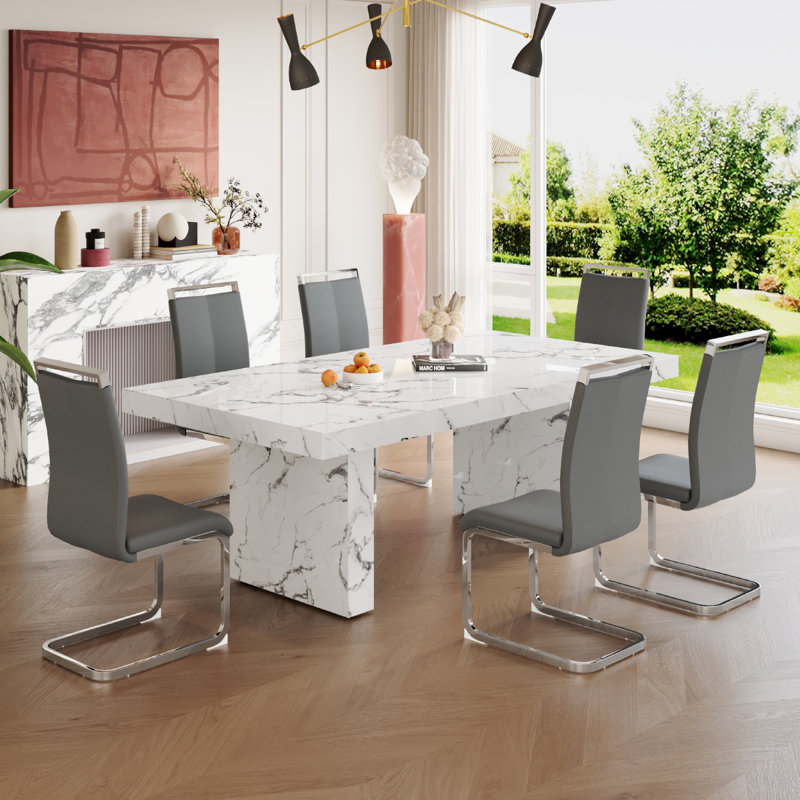 Marble-Patterned Dining Table Set for 6, Gray, 7 Pieces: Table, 6 Chairs