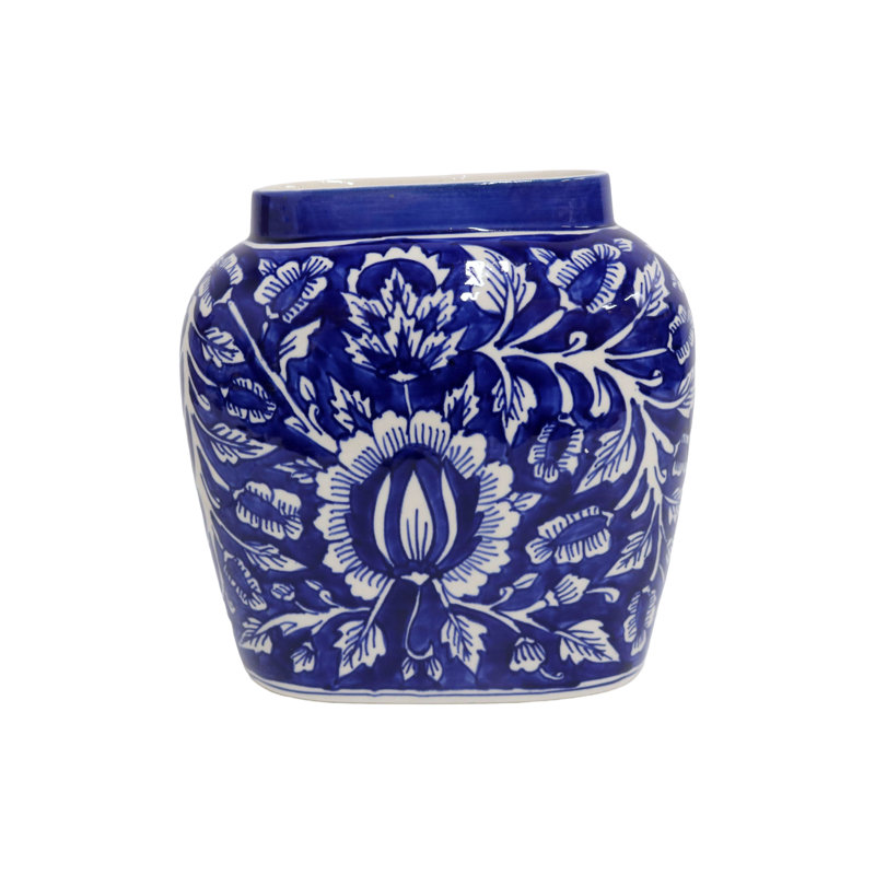 Home&Manor Ceramic Large Blue Vase, Blue, 10.5" H x 10" W x 5" D