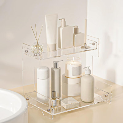 Organisateur de comptoir de salle de bain, rangement à 2 niveaux, organisateur de maquillage d'angle en acrylique transparent (transparent)