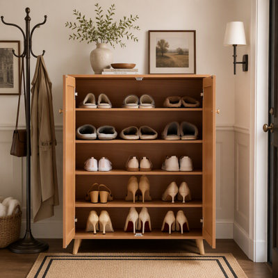 Rattan Shoe Cabinet with 5 Tiers, 2 Doors and Adjustable Shelves, 40.35 Inch Tall Freestanding Shoe Storage Organizer for Entryway, Closet and Hallway