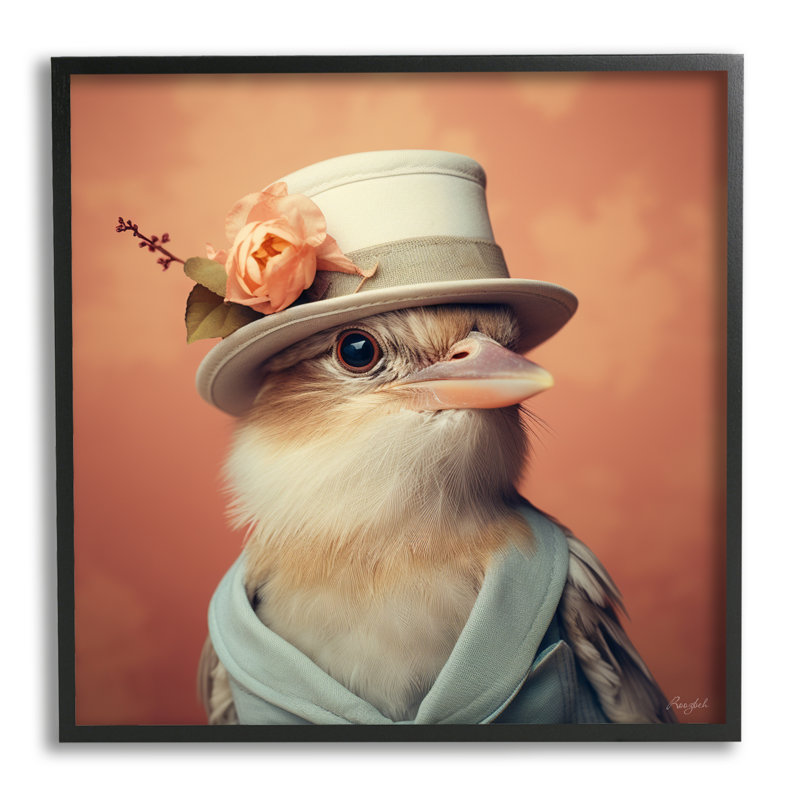 Oiseau au chapeau rétro encadré sur bois par Roozbeh, H 12 po x l 12 po x P 1,5 po, Giclée encadrée noir minuit