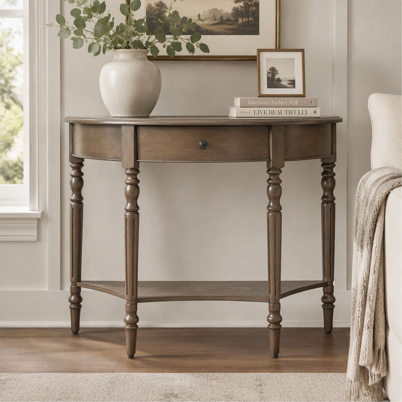 Console - Demi-lune - avec tiroir et tablette - Noyer - Maison de campagne - Rustique