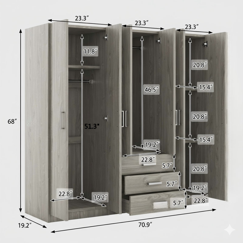 Armoire de rangement à six panneaux en bois pour les chambres à coucher, comprenant des compartiments de rangement spacieux, finition grise