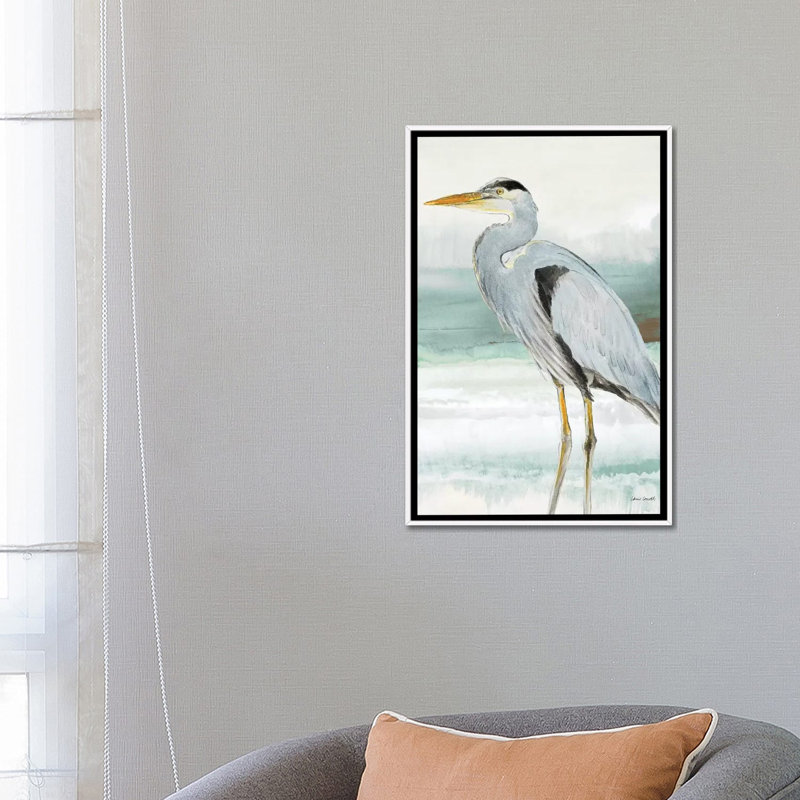 Reproduction d’art, "Heron on Seaglass I" par Lanie Loreth, Pas de tapis, Toile blanche encadrée, H 26 po x l 18 po x 1,5 po