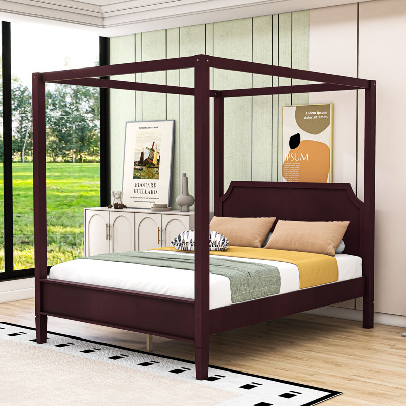 Lit plateforme à baldaquin en bois avec tête de lit, Noyer, Grand