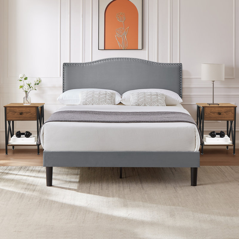 Ensemble de chambre avec lit plateforme 3 pièces Polizzi, Gris foncé / brun, Double