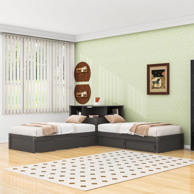 Lit plateforme simple en L en forme de L avec lit gigogne, éclairage DEL et rangement intégré