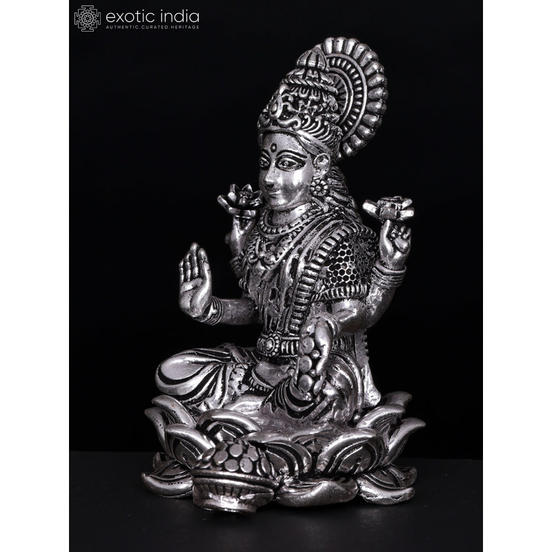 Petite statue de 4 pouces déesse Kamalasini Lakshmi en laiton plaqué argent