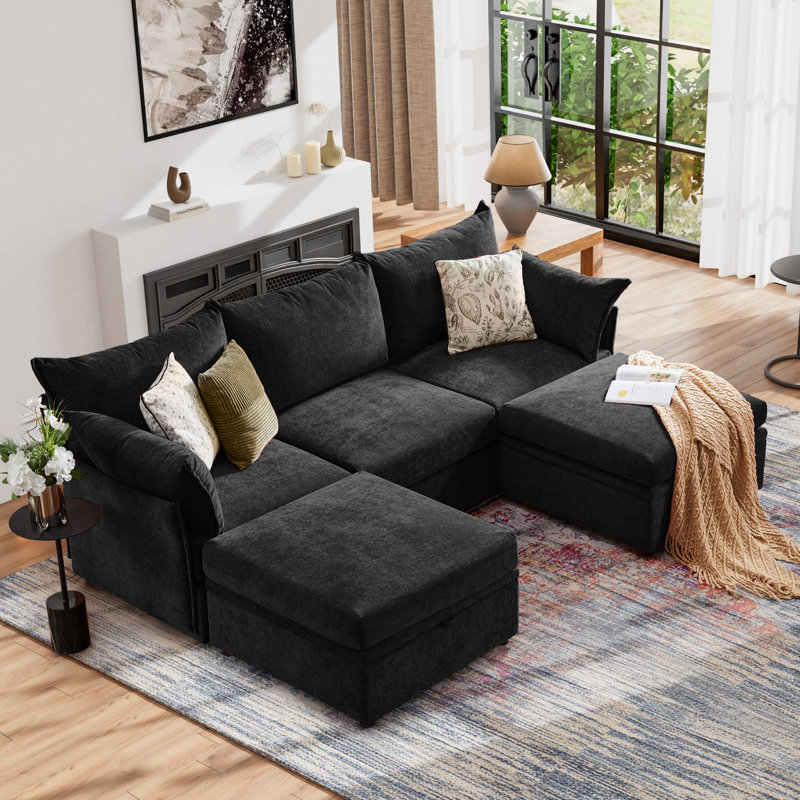 102'' Wide Reversible Modern Modular Sectional Sofa With Storage Ottoman -Premium Chenille Fabric, Black