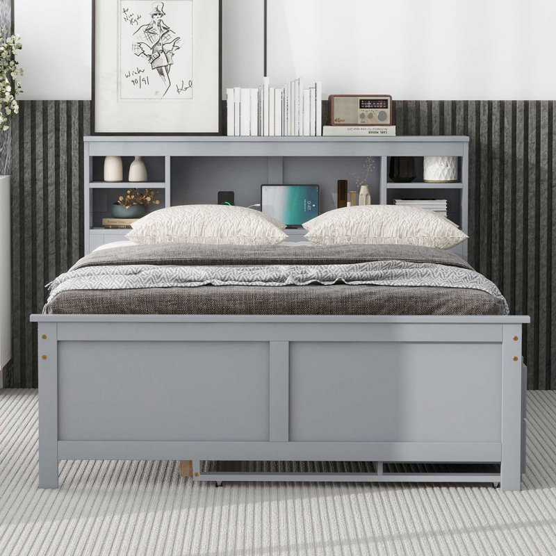 Lit plateforme double avec tête de lit à rangement, USB, lit gigogne simple et 3 tiroirs, gris
