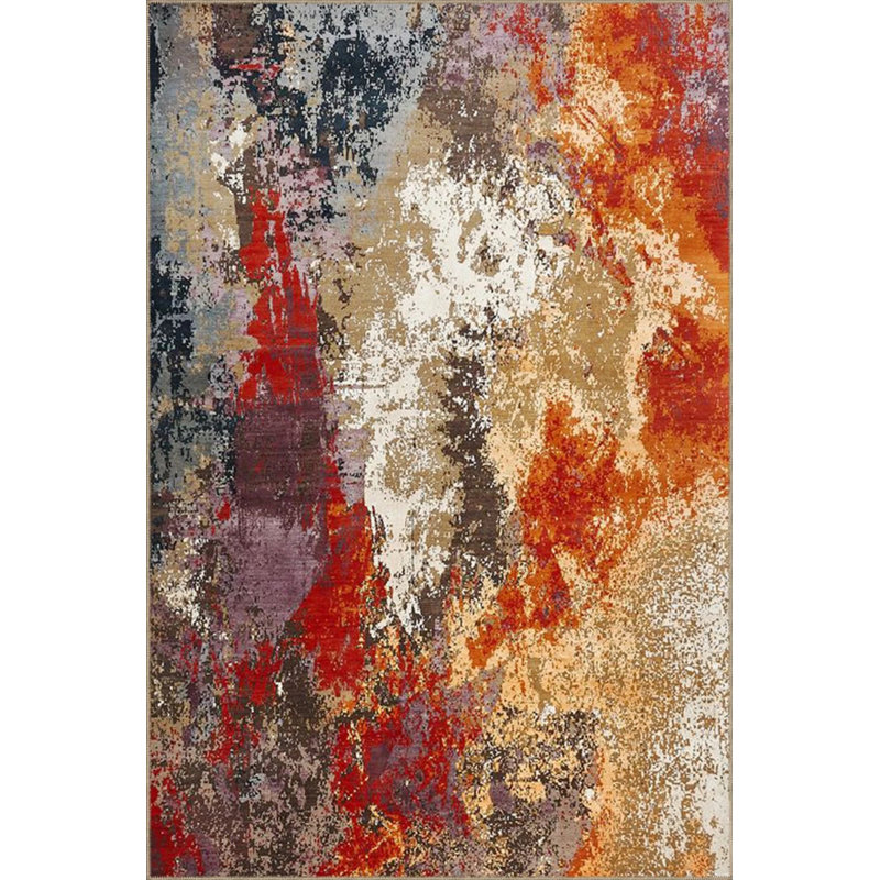 Red Creative Pastel Painted Decorative Washable Carpet With Woven Base, Rectangle 4' x 5'11"
