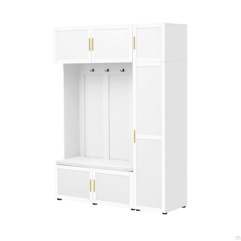4-in-1 Hall Tree with Padded Bench, 4 Hooks, and Multi-Tier Storage Shelves, White