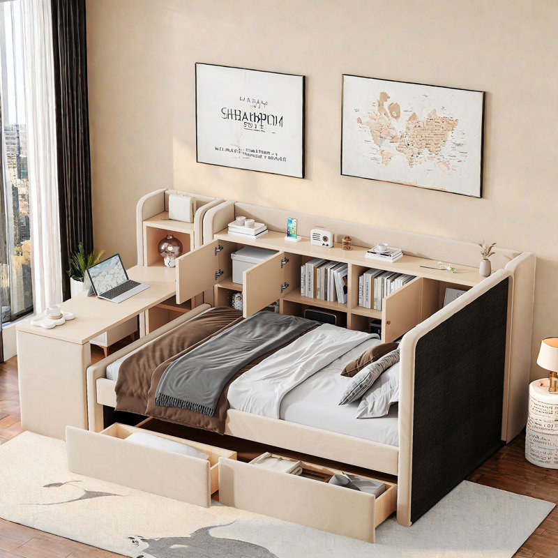 Upholstered Daybed With 2 Drawers, Storage Shelves, Flip Cabinets & Side Table, Vertical Striped Design, Beige