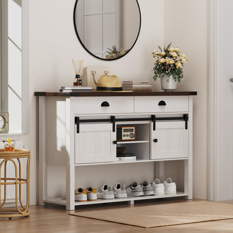 Farmhouse Console Table With Sliding Barn Doors & 2 Drawers,Rustic Entryway Table For Living Room, Hallway, Foyer,Sofa Table With Adjustable Shelf & Open Storage, Industrial Design