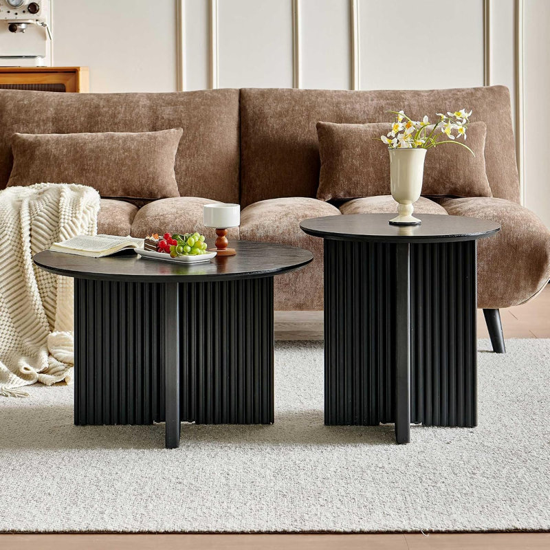 Ensemble de 2 tables basses gigognes cannelées, ensemble de tables basses en bois de style moderne Mid-Century et ensemble de tables de bout, tables d'appoint circulaires minimalistes pour salon, bureau, noir
