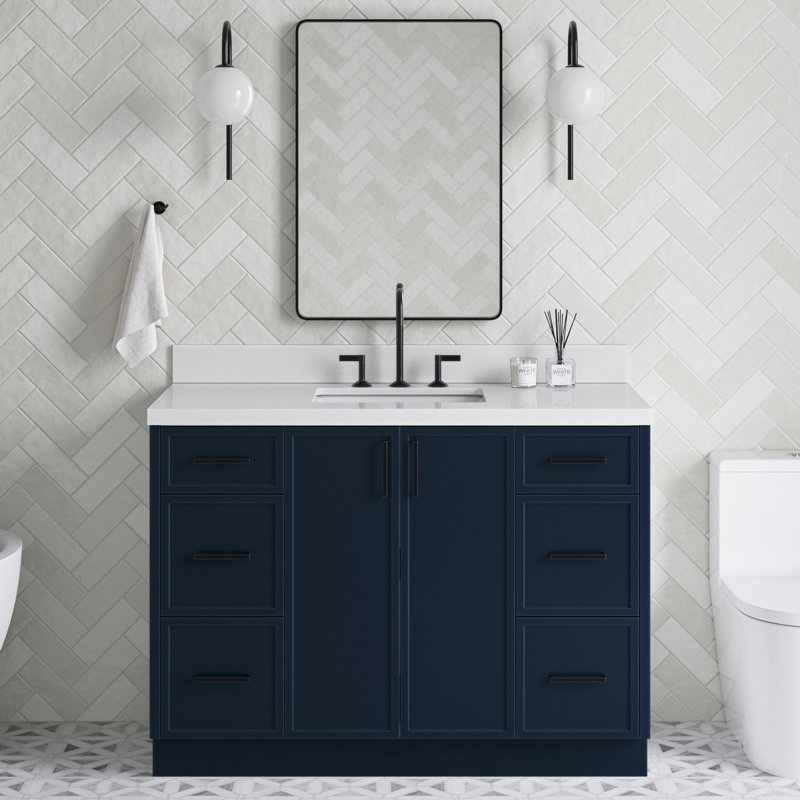 Ariel Kelly Inch Single Rectangular Sink Bathroom Vanity With Quartz Countertop, Midnight Blue, 55"