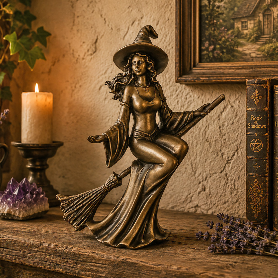 Witch Riding Broomstick Bronze Sculpture Gabrielle Figurine