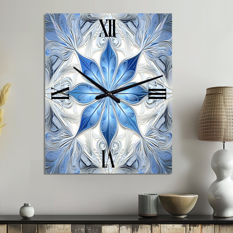 Horloge murale abstraite en métal turquoise et fleurs blanches I, Grand