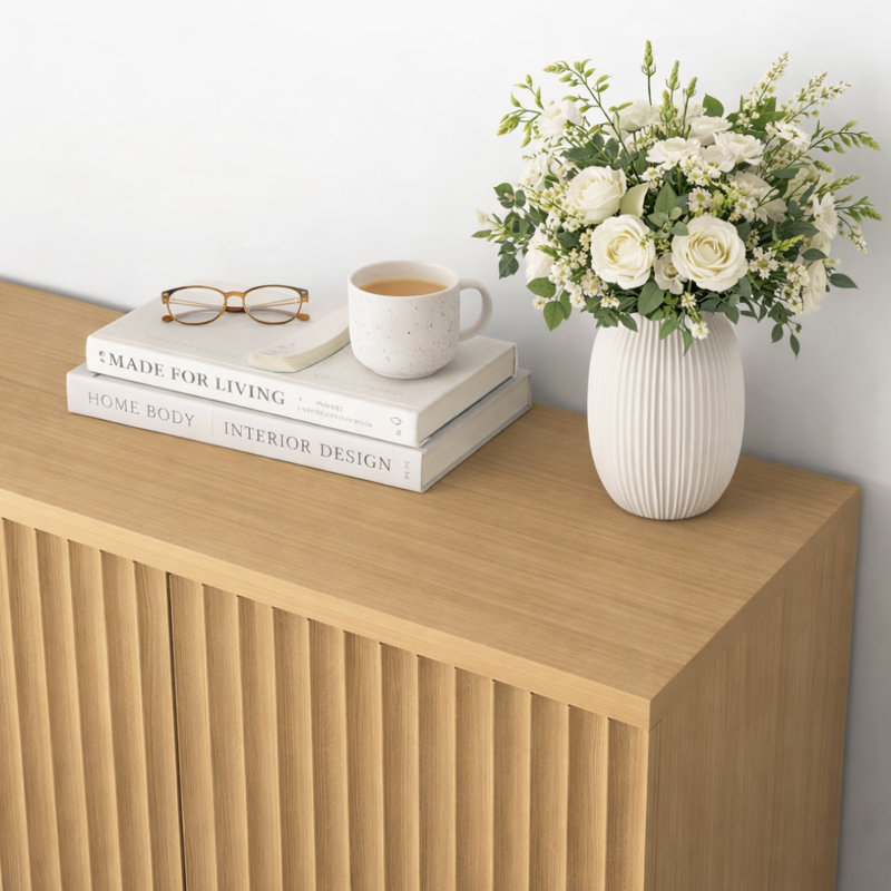 62.8" Wide Storage Cabinet Credenza with 4 Fluted Doors Sideboard, Contemporary Natural, Natural